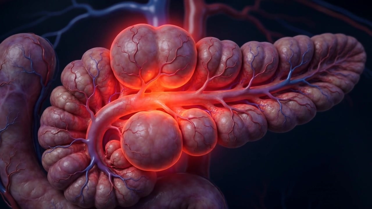 Swollen pancreas close-up with visible ducts and blood vessels and a bright red glowing inflamed center in dark medical scene