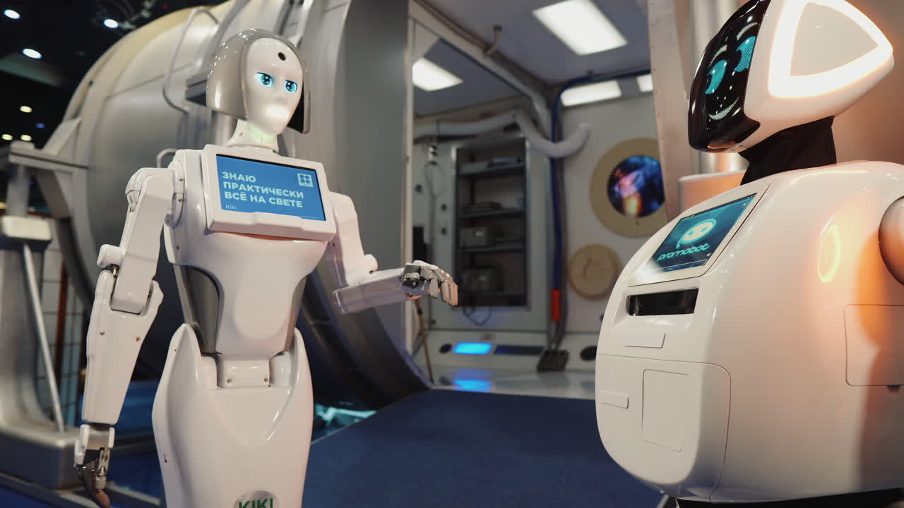 dos robots blancos en un entorno futurista