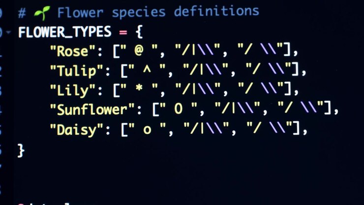 Python-kodeeditor som viser ordbok over blomsterarter