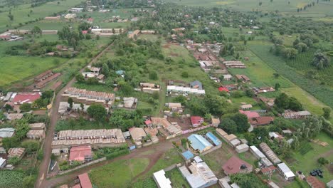 countryside landscape with green fields and farmlands surrounding town loitokitok in kenya - aerial drone shot