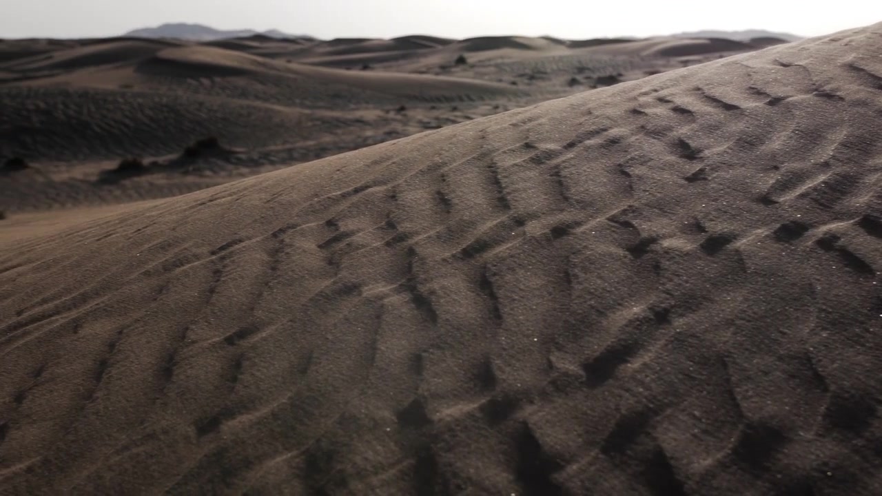Sabbia sollevata dal vento su una duna di sabbia del deserto al tramonto in un paesaggio desertico mediorientale vicino a Dubai negli Emirati Arabi Uniti.