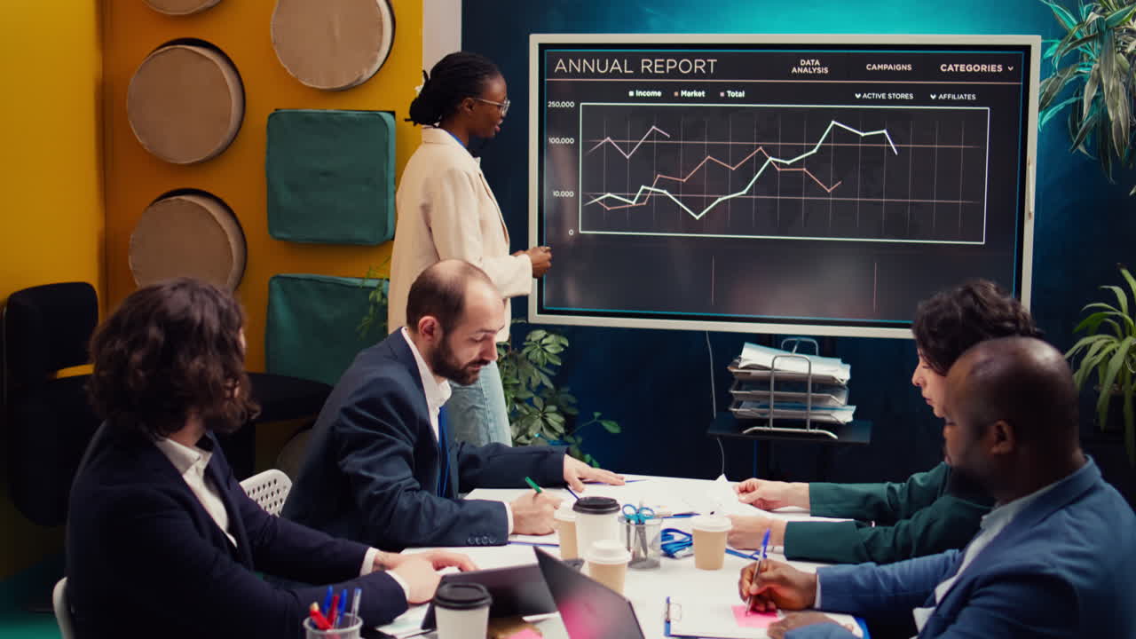 Marketing assistant presenting infographics in a status update meeting