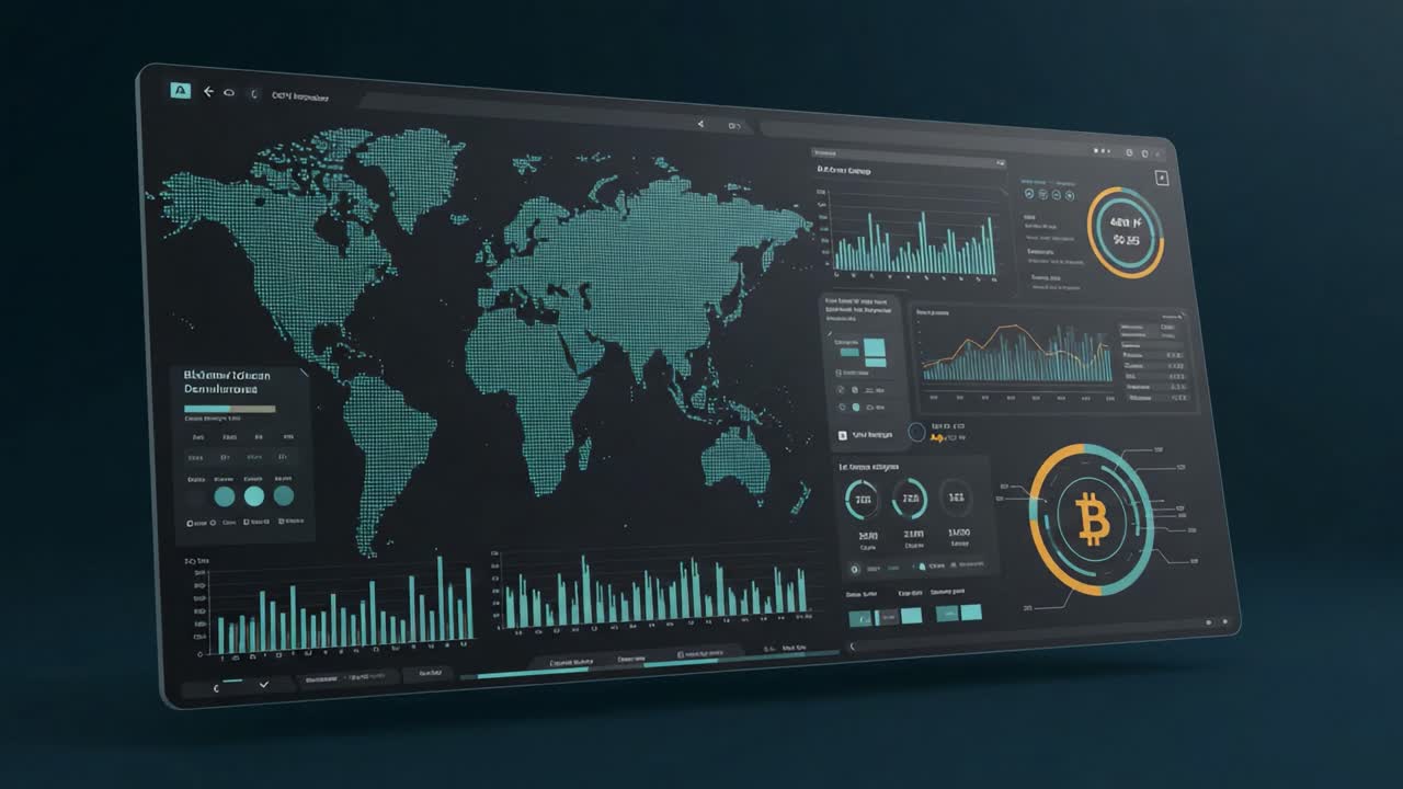 A Comprehensive Overview of Bitcoin Analytics Displayed on a High-Tech Dashboard Featuring Global Data Trends and Interactive Graphs