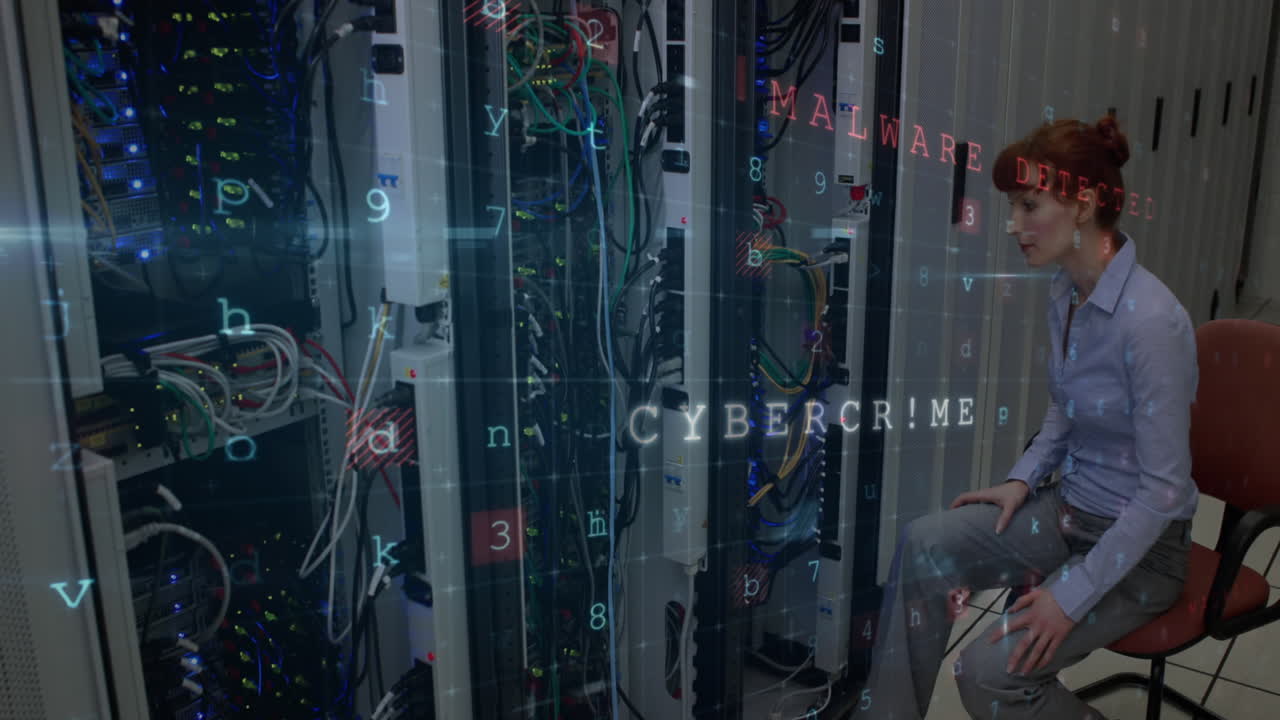 animación de cibercrimen y mujer caucásica comprobando servidores