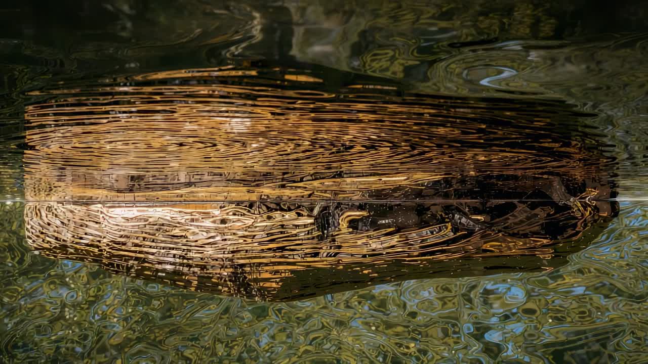 Tronco di legno usurato alla deriva che ruota mentre una corrente delicata lo spinge lungo uno stagno verde, con riflesso.