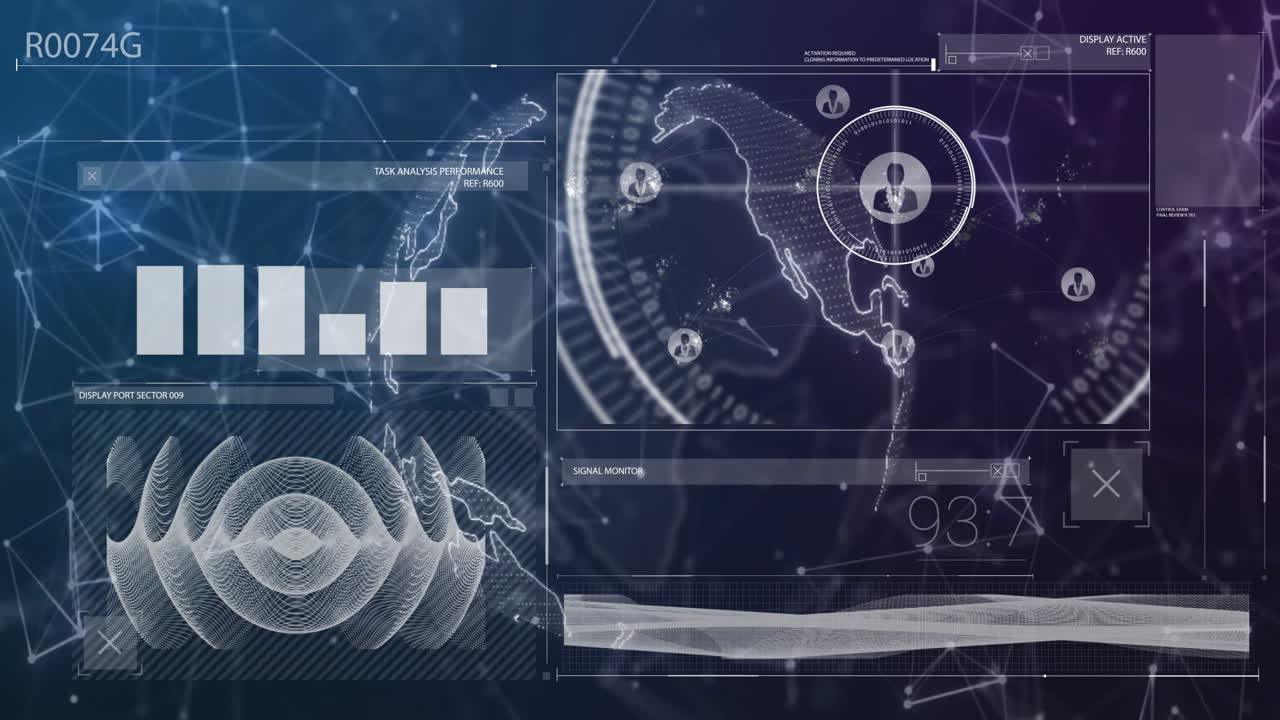 Digital data analysis and network connections animation over world map and graphs