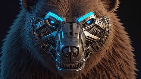 cybernetic bear with glowing blue eyes