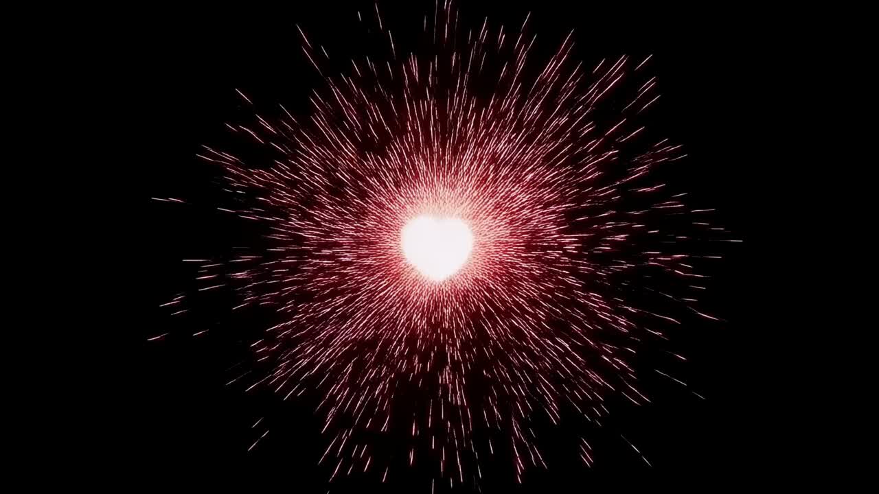 Animating heart particle formation appearing then fragmenting into faint pink sparks on black void