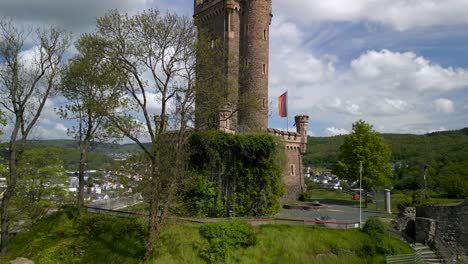 the historical wilhelmsturm in dillenburg town germany, recorded in may by a launching drone