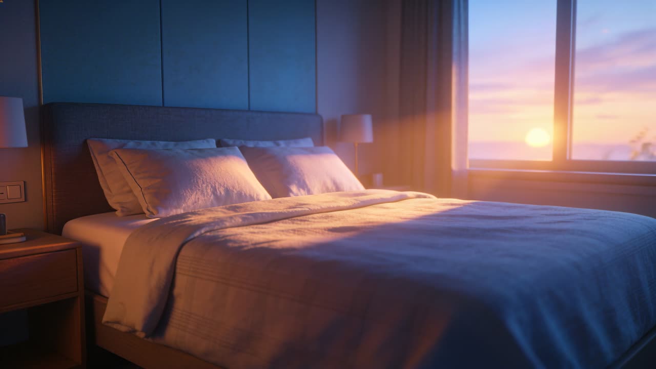 Il sole che sorge proietta una luce calda sul letto dalla finestra della camera da letto, riscaldando cuscini e piumone.