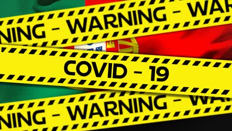 animation of the words covid-19 and warning written on yellow tape over a portugese flag in the back