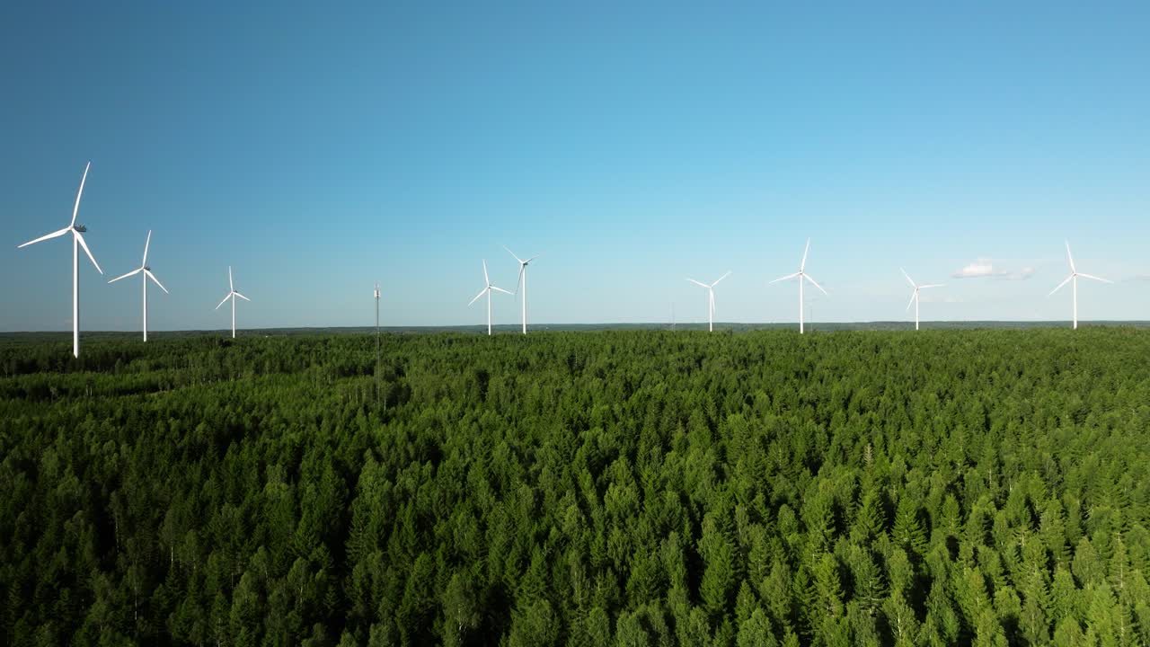 Fir forest wind turbines drone push in