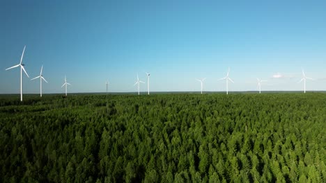 fir forest wind turbines drone push in