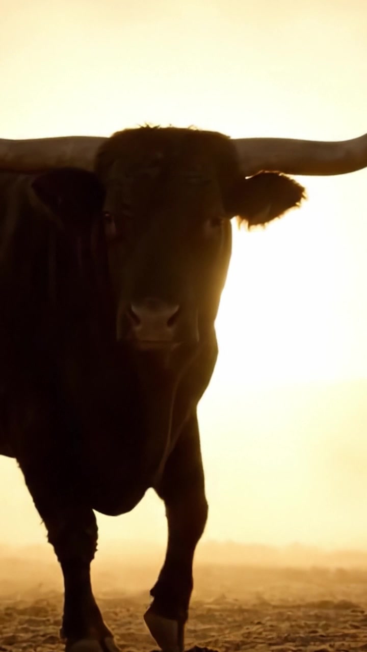 Maestosa silhouette di un toro forte contro un tramonto velato, catturando l'essenza della potenza della natura e della bellezza selvaggia in un paesaggio sereno