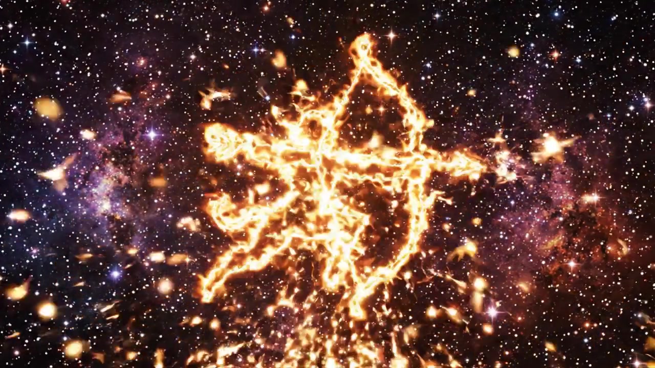 Uma Dança Celestial: A Transformação de um Arqueiro de Fogo Etéreo Através da Tela Cósmica de Estrelas e Galáxias em uma Exibição Vibrante de Energia Astral