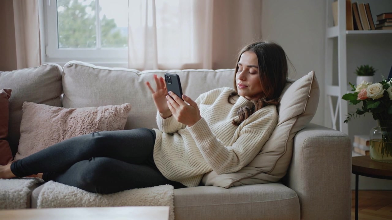 Donna che si sposta, toccando e scorrendo lo smartphone nel soggiorno, indossando un maglione color crema e leggings.