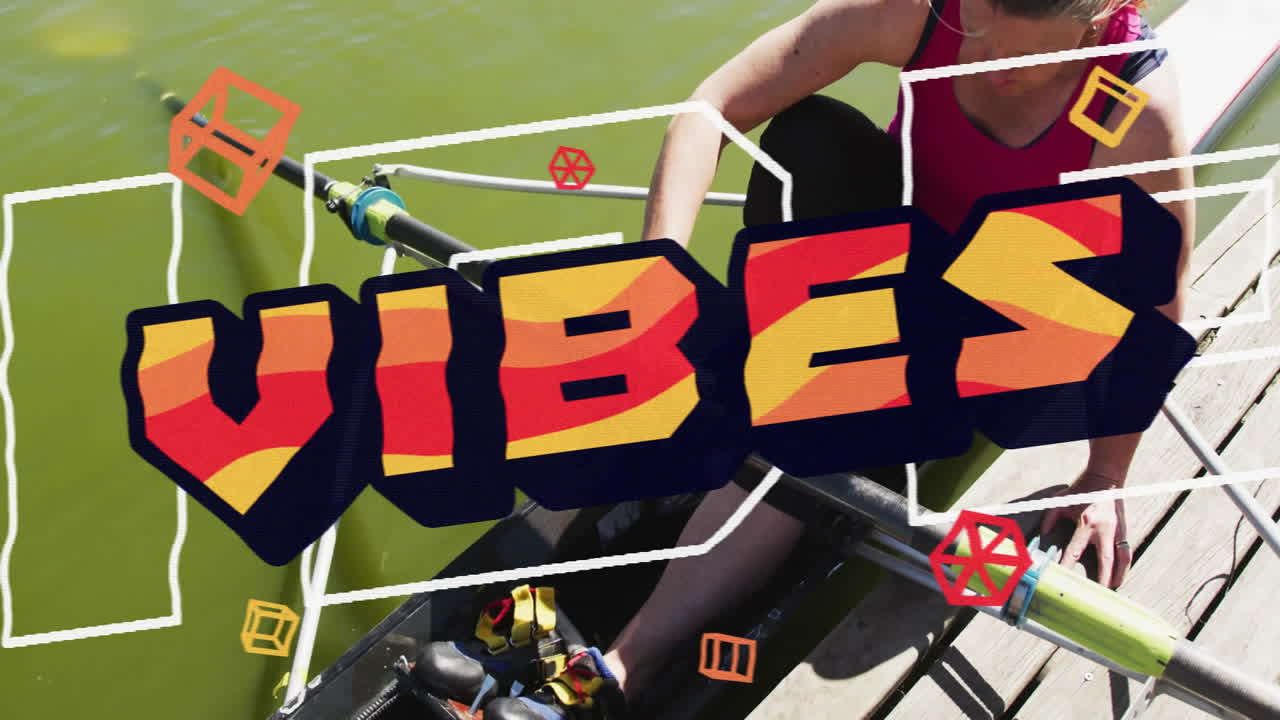 Mature athlete adjusting green oarlock in rowing shell at dock, featuring fitness vibes graphics