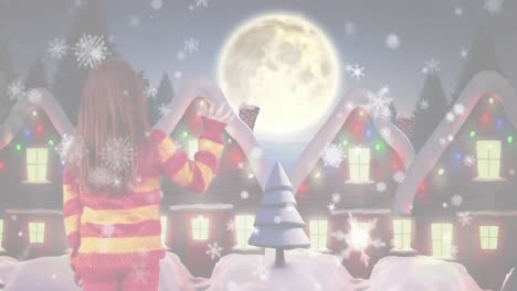 animación de un paisaje de invierno con una niña agitando y santa en trineo con renos