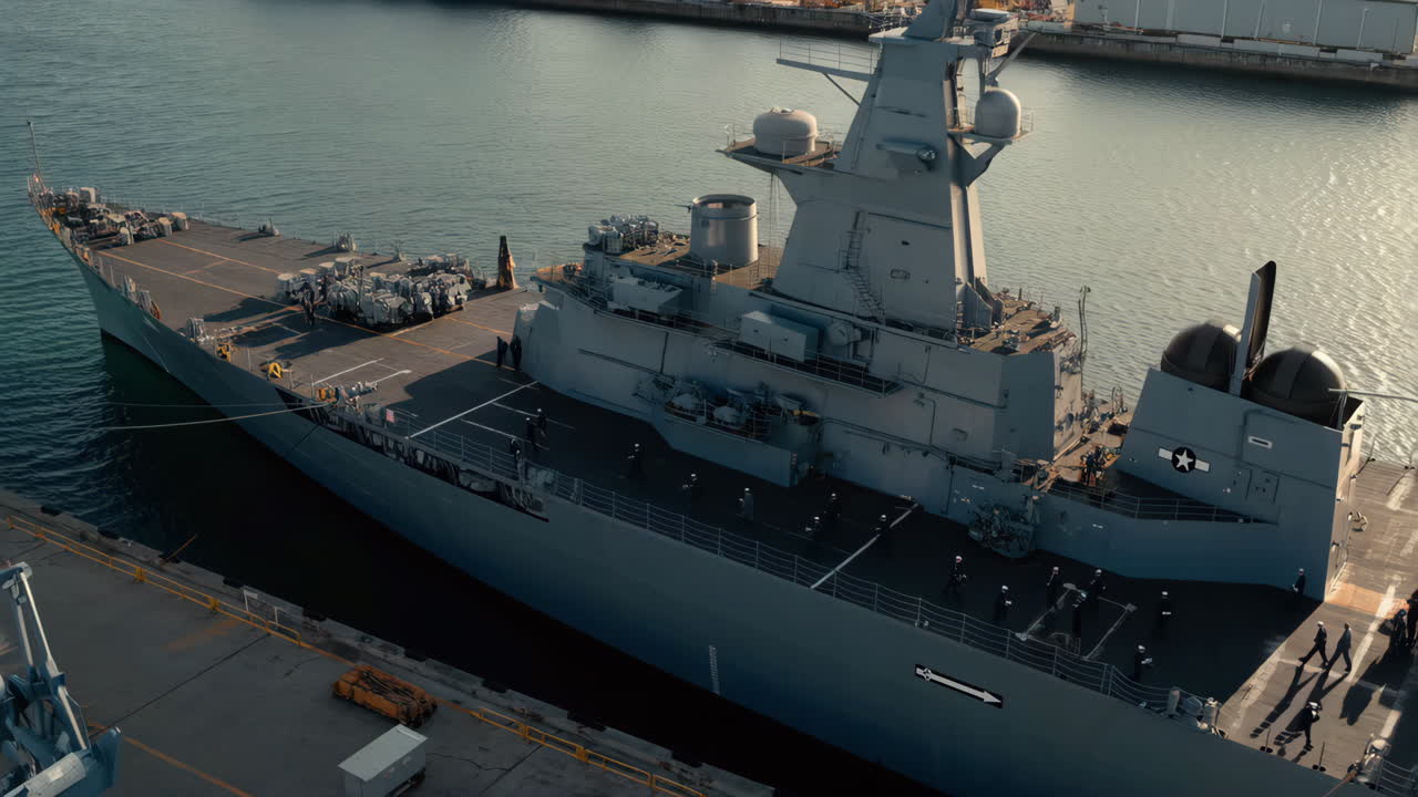Military Warship Docked in Port