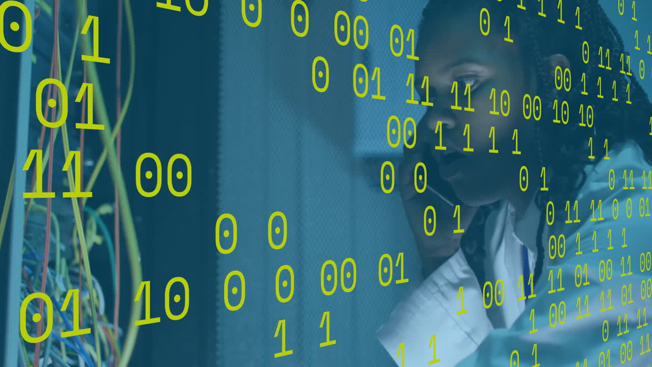 Working with computer cables, person surrounded by binary code animation in school