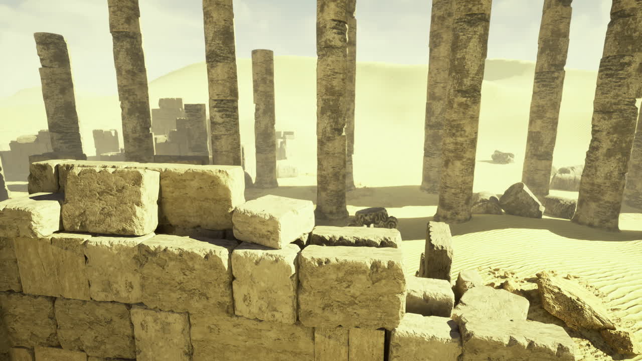 Ancient ruins explored in a vast desert landscape under a bright sky