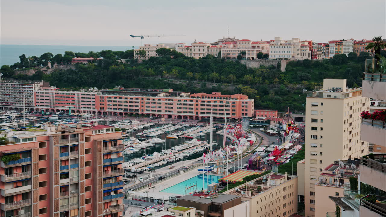 Aerial view of the Port Hercule Funfair in Monaco in daylight