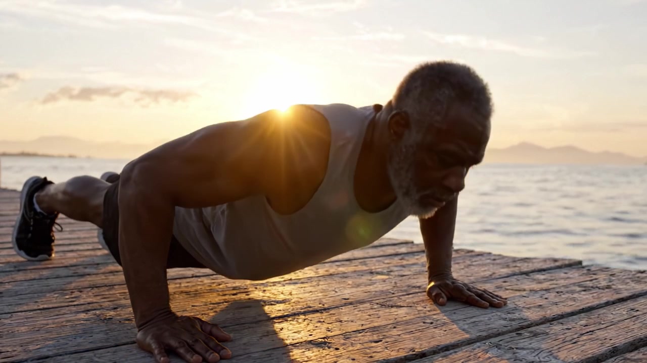 An Inspiring Scene of a Determined Older Man Performing Push-Ups on a Scenic Pier at Sunrise, Emphasizing Strength, Discipline, and Enjoyment of Nature