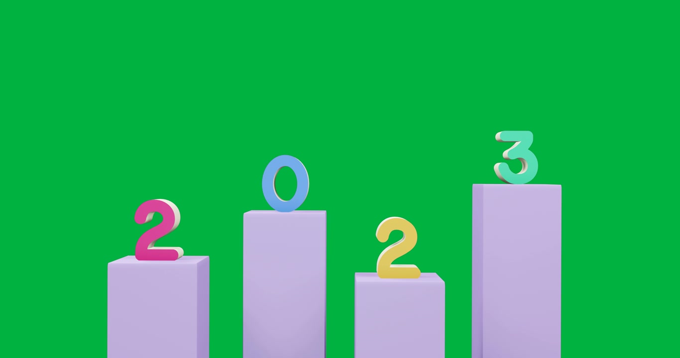 Animazione del numero "2023 nuovo anno" in diversi colori su blocchi viola, su sfondo trasparente.