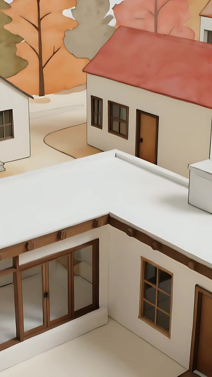 Video verticale: Spostamento che provoca una panoramica della telecamera su un edificio a forma di L in autunno, mostrando porte scorrevoli.