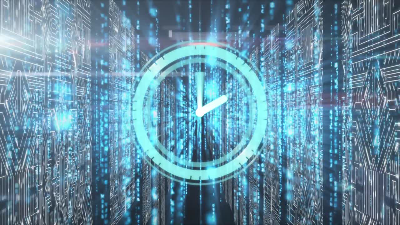 Clock ticking with computer circuit over data processing center in background