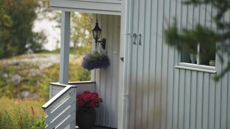 a cozy porch of a small scandinavian house adorned with potted flowers