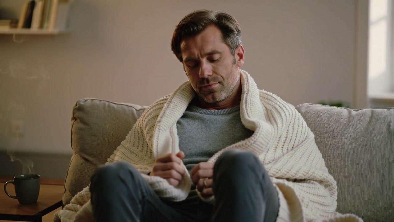 Uomo seduto sul divano a casa, che si agita, sistemando una coperta color crema mentre la telecamera si avvicina per un senso di comfort.