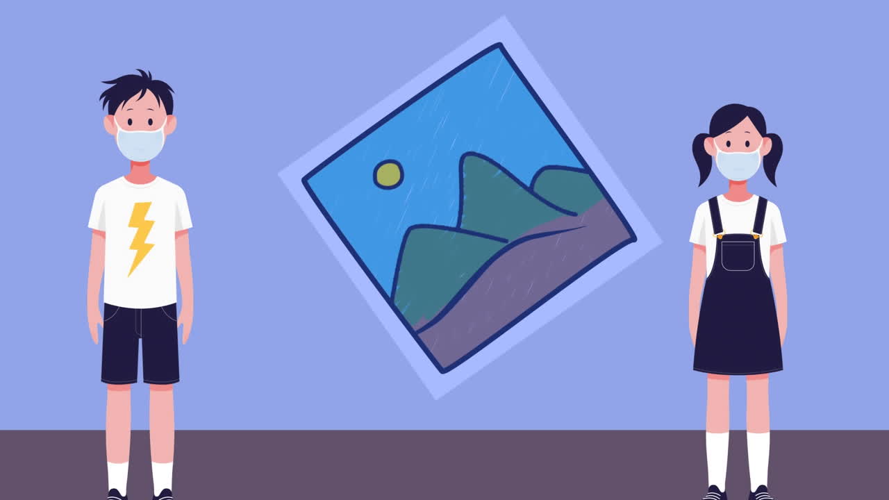 사회적 거리를 유지하는 얼굴 마스크를 입은 소년과 소녀의 애니메이션