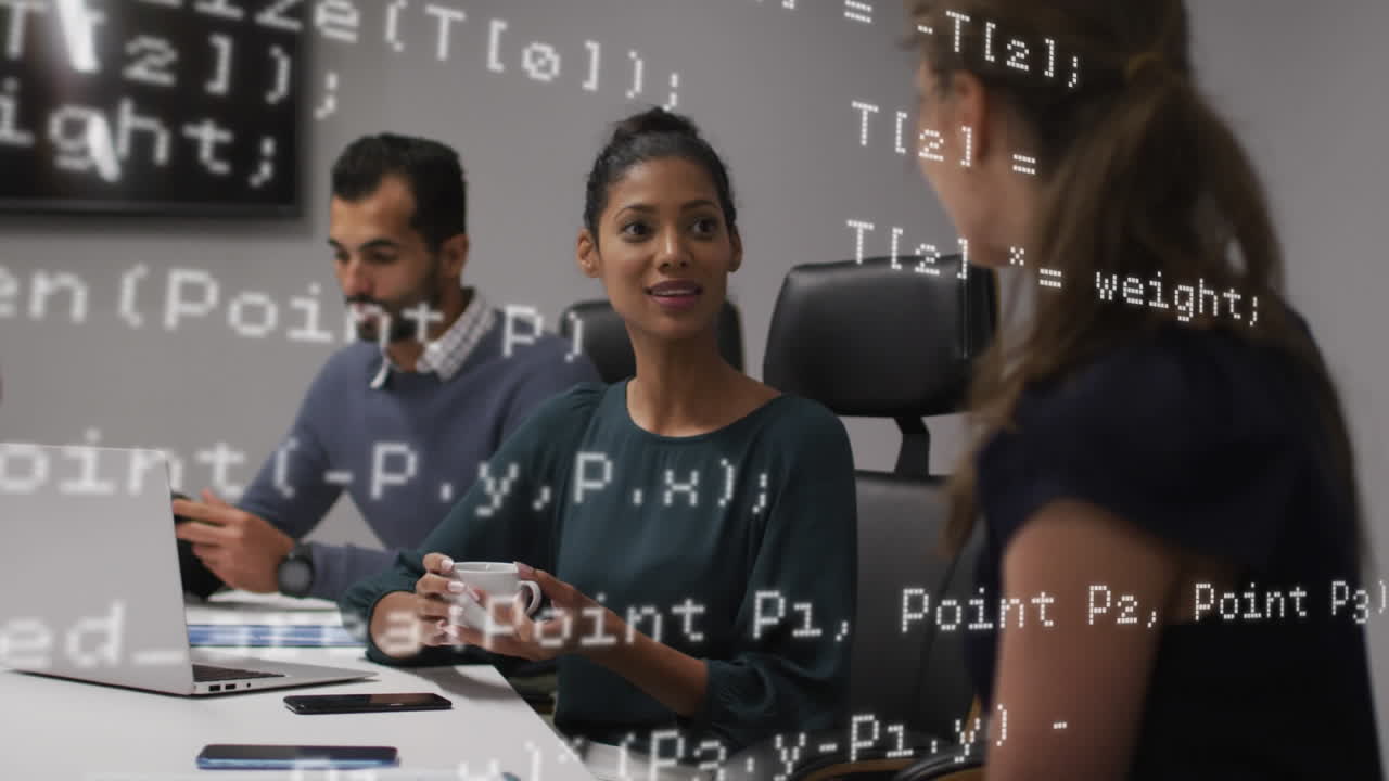 Animation of financial data processing over business people in office