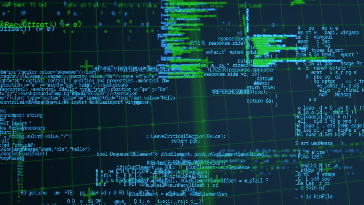 Animation of green shapes over data processing on black background