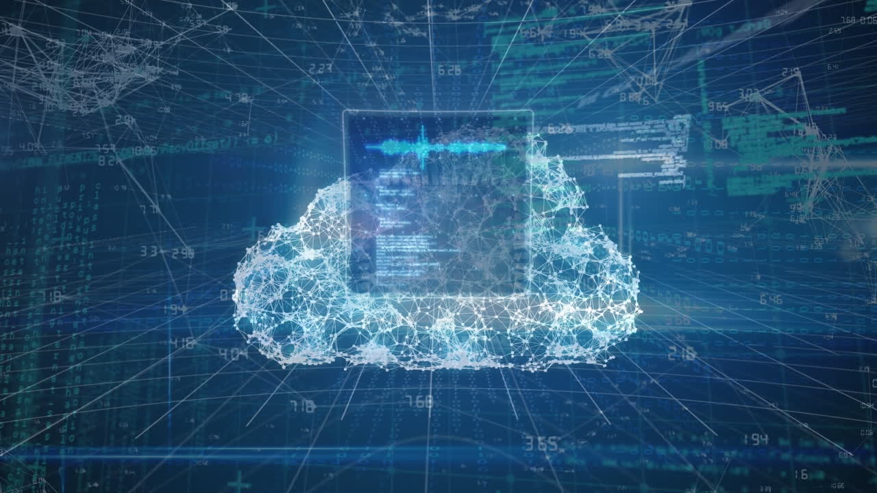 animación del procesamiento de datos sobre la nube sobre fondo azul