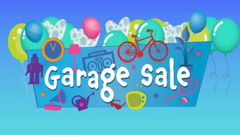 animación del texto de venta de garaje sobre artículos para el hogar y globos sobre fondo azul