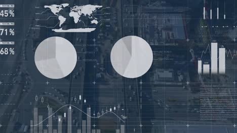 Animation of financial data processing over modern office