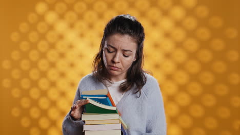 retrato de una mujer revisando una pila de libros de texto, recopilando información