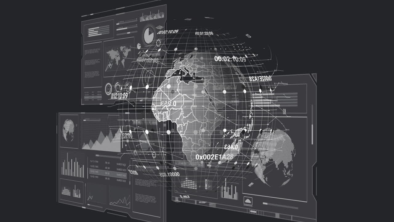 Global data visualization and analytics animation over digital world map and charts