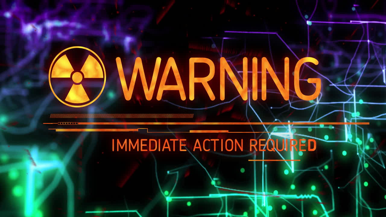 Radiation warning sign with animation on digital network and glowing lines