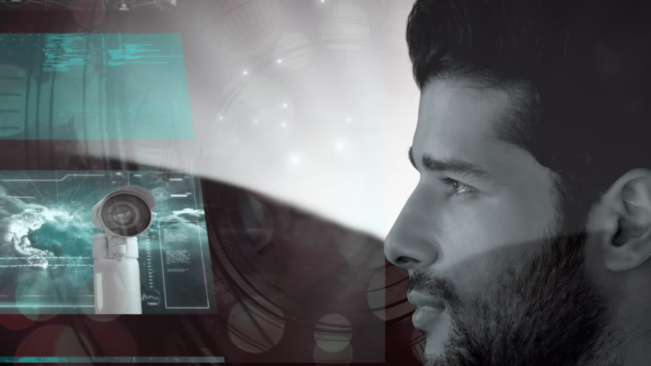 animación de pantallas y red de conexiones sobre la cara del hombre