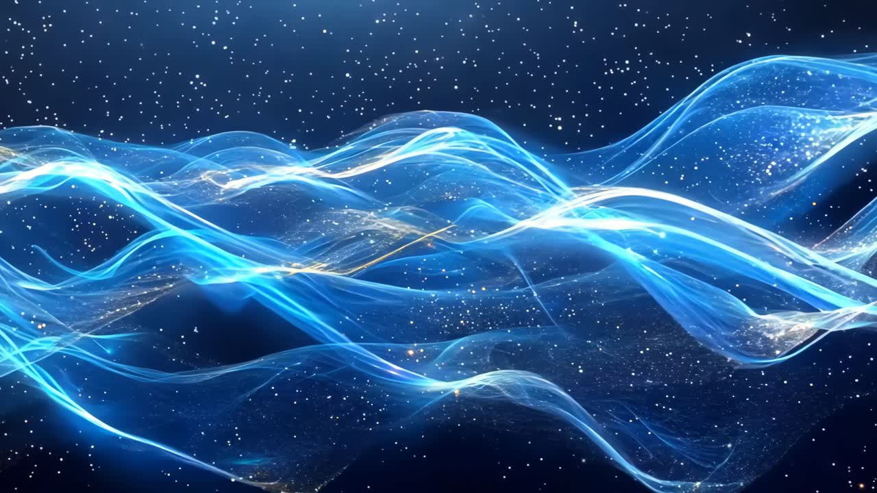 A blue wave with stars in the background. The blue wave is very long and has a lot of stars in the background