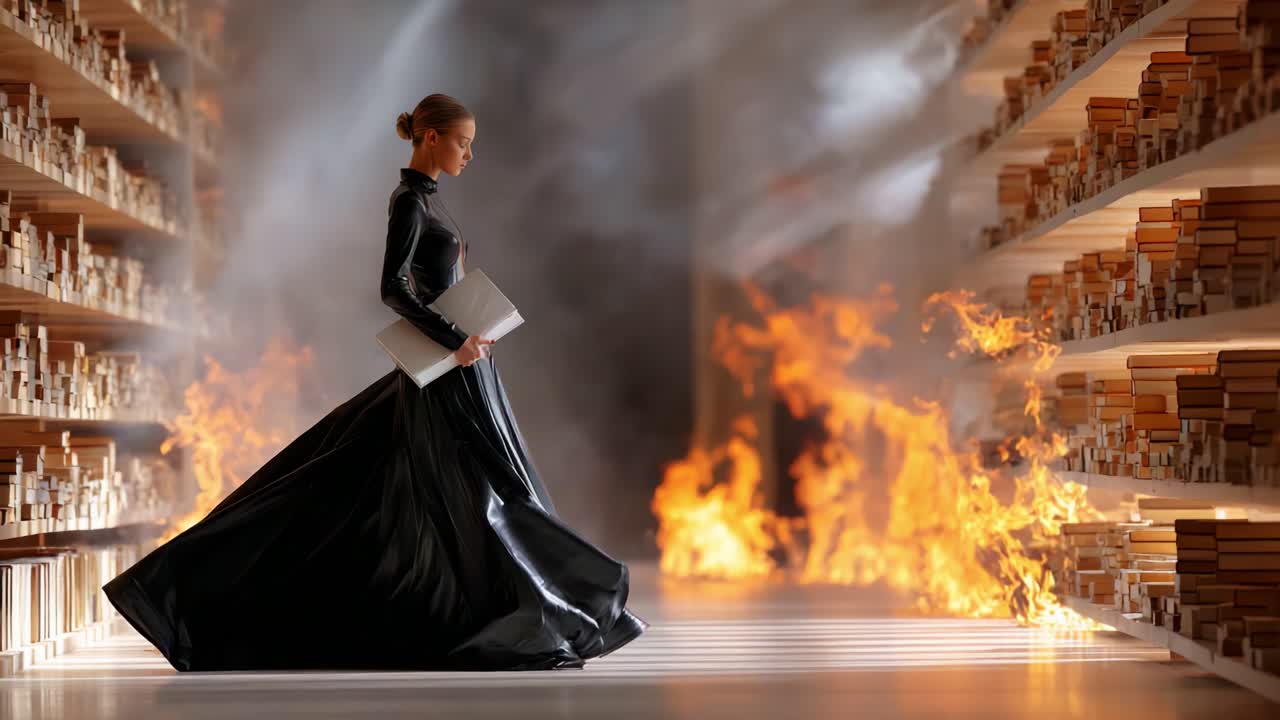 A poised figure wearing a dramatic black gown walks through a library engulfed in flames, symbolizing the clash between knowledge and destruction in a surreal, cinematic environment