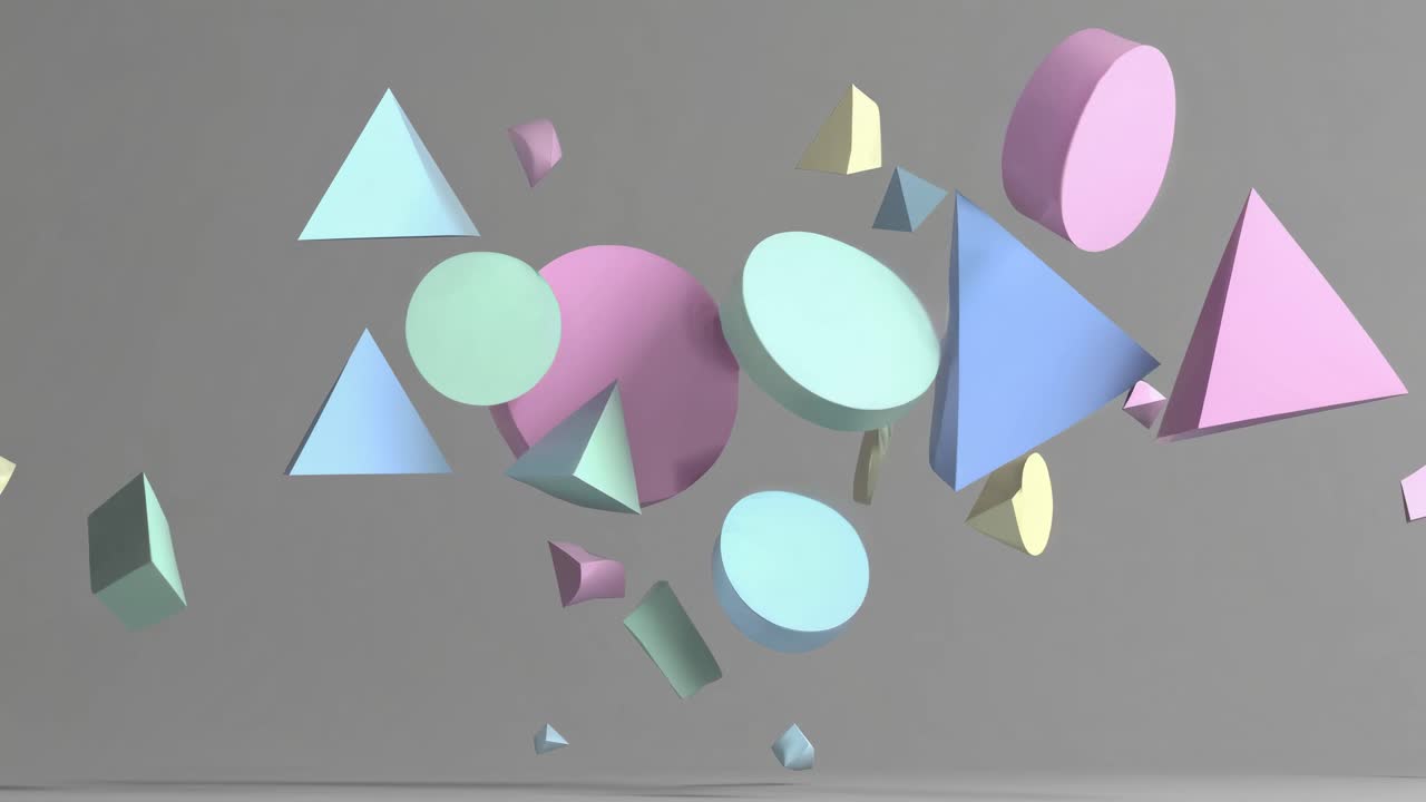 パステルカラーの抽象的な3Dシェイプが、灰色の背景に対して空中に浮かんでいます。