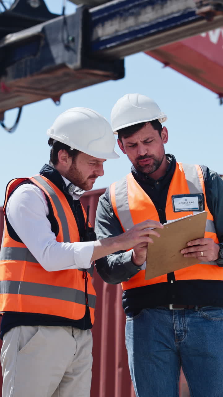 Two Engineers Discussing Plans and Reviewing Documents at Industrial Site