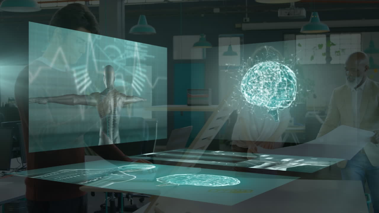 Animation of data processing and digital brain over diverse business people