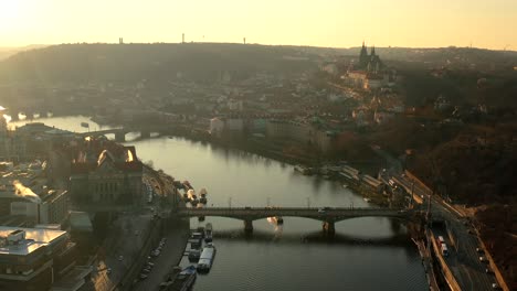 prague, svatopluk čech bridge, vltava river, czech republic, drone