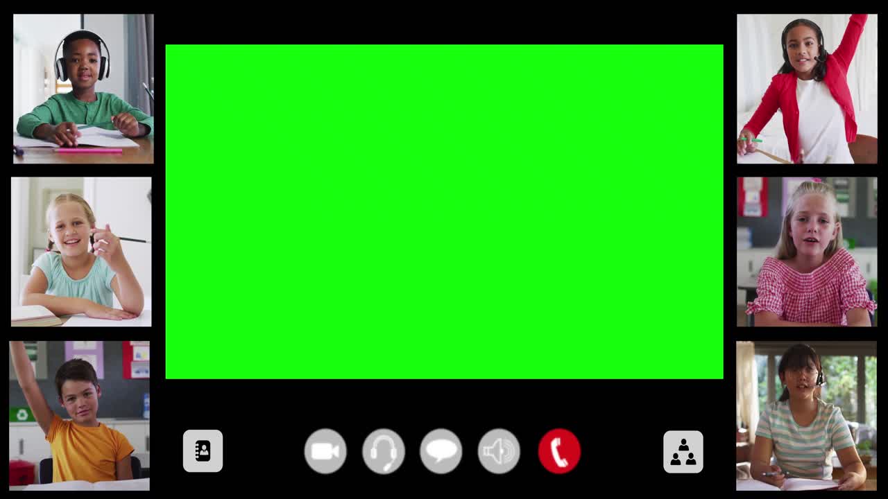 초록색 화면과 6 명의 다양한 어린이가 온라인 수업에 참여하는 인터페이스 화면의 애니메이션