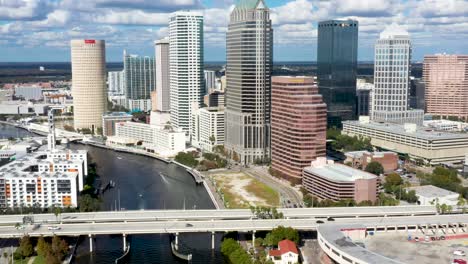 tampa, florida downtown skyscraper and high rise buildings, aerial tilt-up